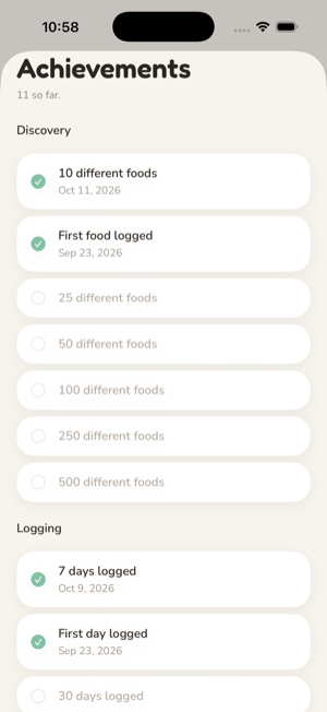 Achievements: Discovery and Logging milestones, the reached ones ticked with their date, the upcoming ones listed below.