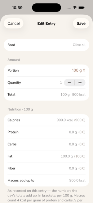 Editing a logged entry: the food, its portion and quantity, the total, and the nutrition as recorded on the entry.