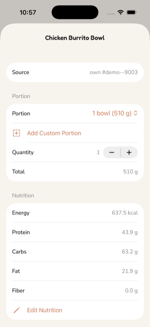 A food's detail screen: its source, a portion picker with Add Custom Portion, quantity and total, and the nutrition for that amount with an Edit Nutrition link.