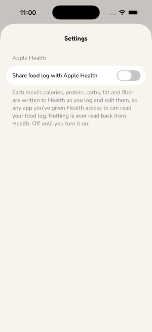 Settings: the Apple Health section with the Share food log with Apple Health switch, off, and its explanation beneath.