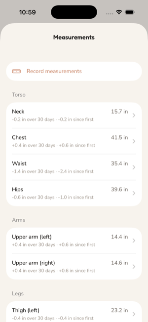 Measurements: a Record measurements button, then each site with its latest reading and its change over 30 days and since the first reading.