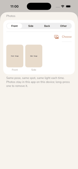 Attaching photos to a measured day: a pose picker, a Choose button, the day's thumbnails by pose, and a note that photos stay in the app on this device.