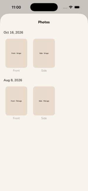 The photo gallery: thumbnails grouped by date, each labelled with its pose.
