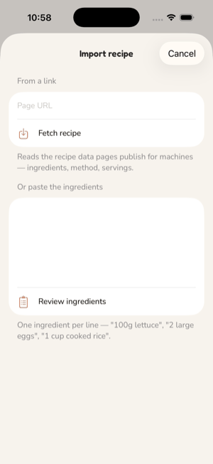 Import recipe: a Page URL field with a Fetch recipe button, a box to paste ingredients one per line, and a Review ingredients button.