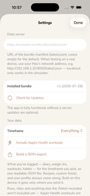 Settings: the data server field, the installed bundle version with Check for Updates, and the Your data section with a timeframe picker, Include Apple Health workouts and Build a JSON export.