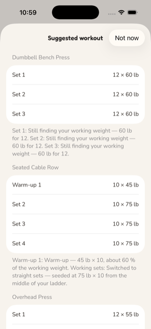 A suggested workout: each exercise's proposed sets as reps times weight, with a plain-language explanation of the decision under each exercise.