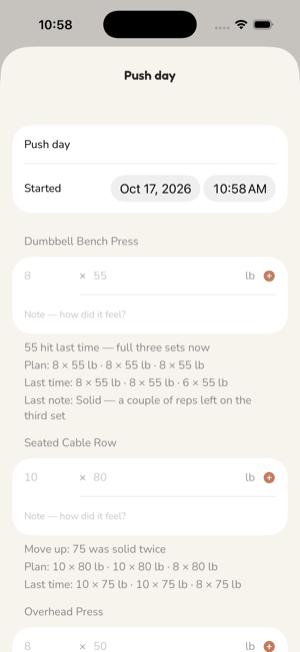 Push day in progress: for each exercise, a row to enter reps and weight and a note, with the plan and last time's sets beneath.