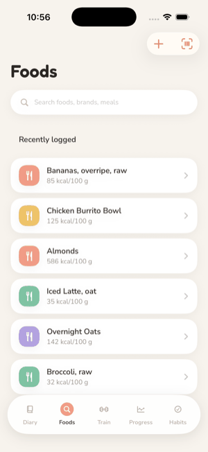 The Foods tab: a search field, add and barcode buttons, and a Recently logged list of foods with calories per 100 g.