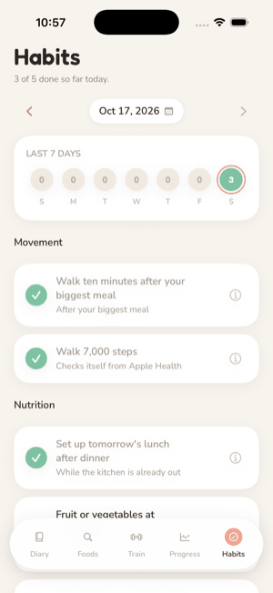 The Habits tab: 3 of 5 done so far today, a seven-day strip, and habits grouped under Movement and Nutrition, each with a tick and a line saying where its credit comes from.