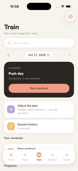 The Train tab: an exercise search, the planned Push day with a Start workout button, Adjust the plan and Session history, then your workouts and programs.